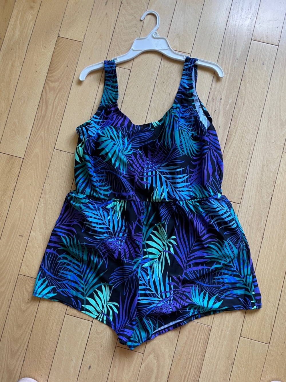 Blair Women One-Piece Swimsuit Romper in Black with Teal & Purple Leaf Print